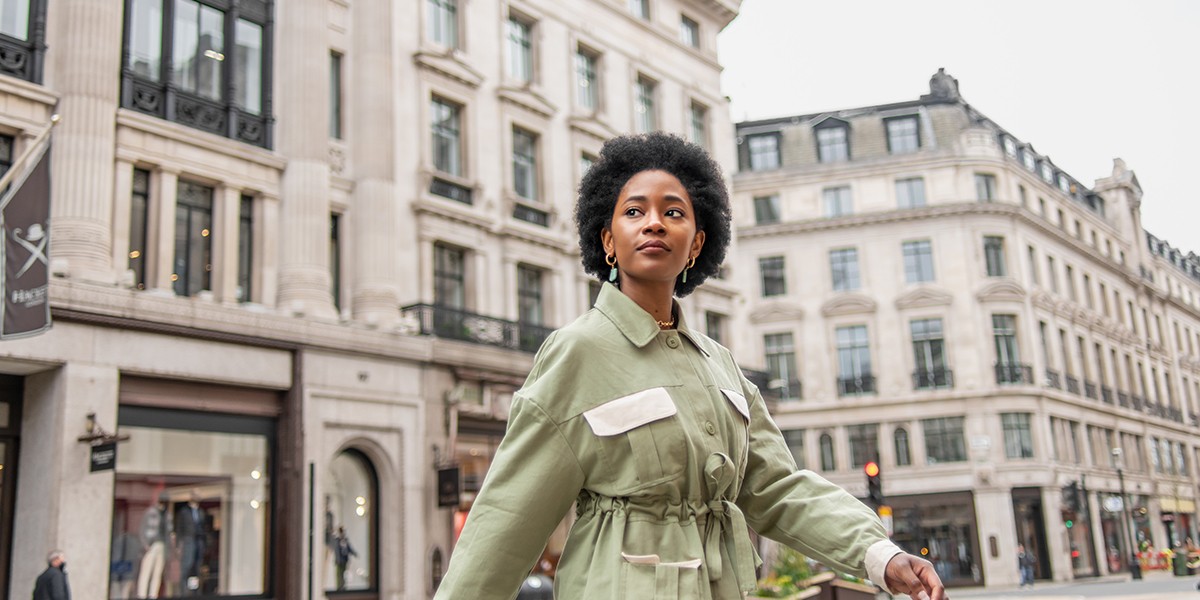 Theresa Lola walking on Regent Street